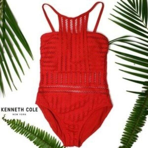 Kenneth Cole New York Red tough lux Crochet Halter One-Piece Swimsuit Size s - Picture 2 of 5